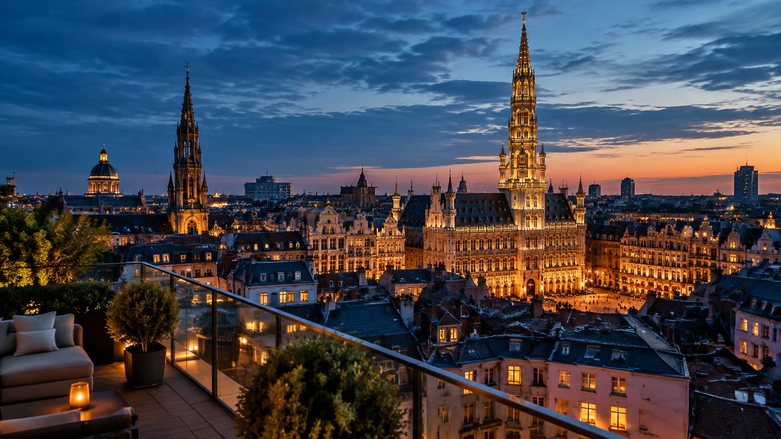 De skyline van Brussel bij avondlicht vanaf een dakterras