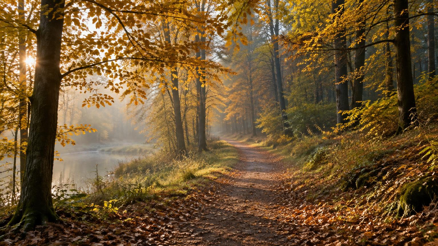 Herfstpad door een Vlaams bos in zacht ochtendlicht