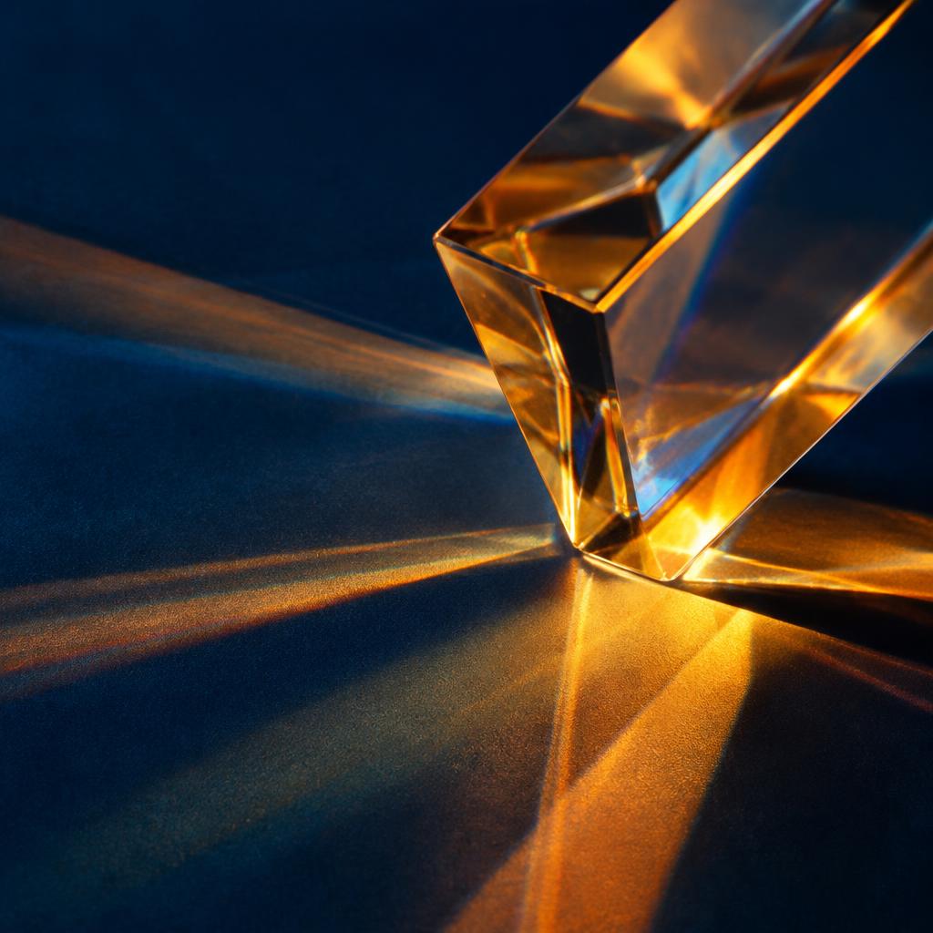 Amberkleurige lichtbreking door glas op een diepblauwe ondergrond